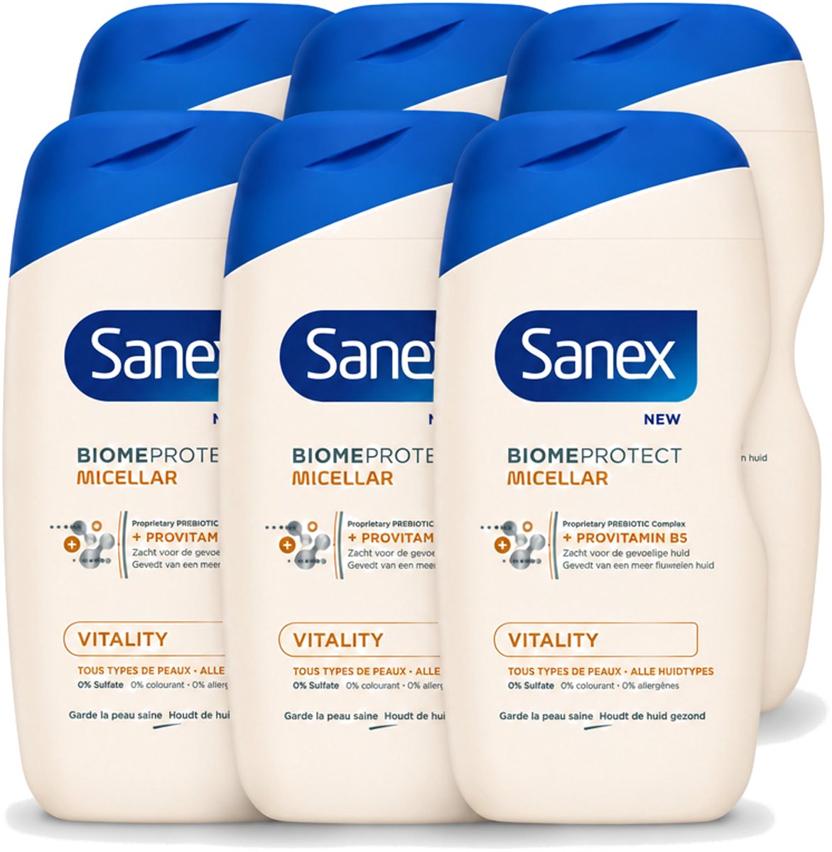 6 x Sanex - BiomeProtect Micellair - Douchegel - Vitaliteit - 0% Sulfaat - Alle Huidtypes - 400 ml - Voordeelverpakking - 6 stuks