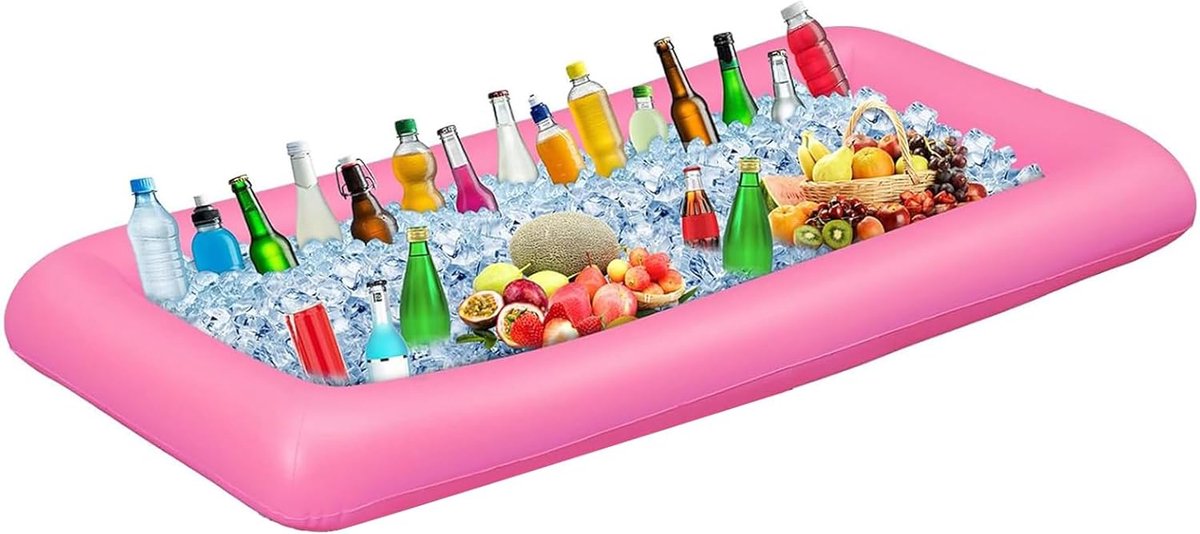 SnelShoppen - Inflatable Ice Buffet Serving Bowl - Drankkoeler met Afvoertuit, Opblaasbare Koeler voor Feestjes en Eten, 132x61x13cm (Roze)