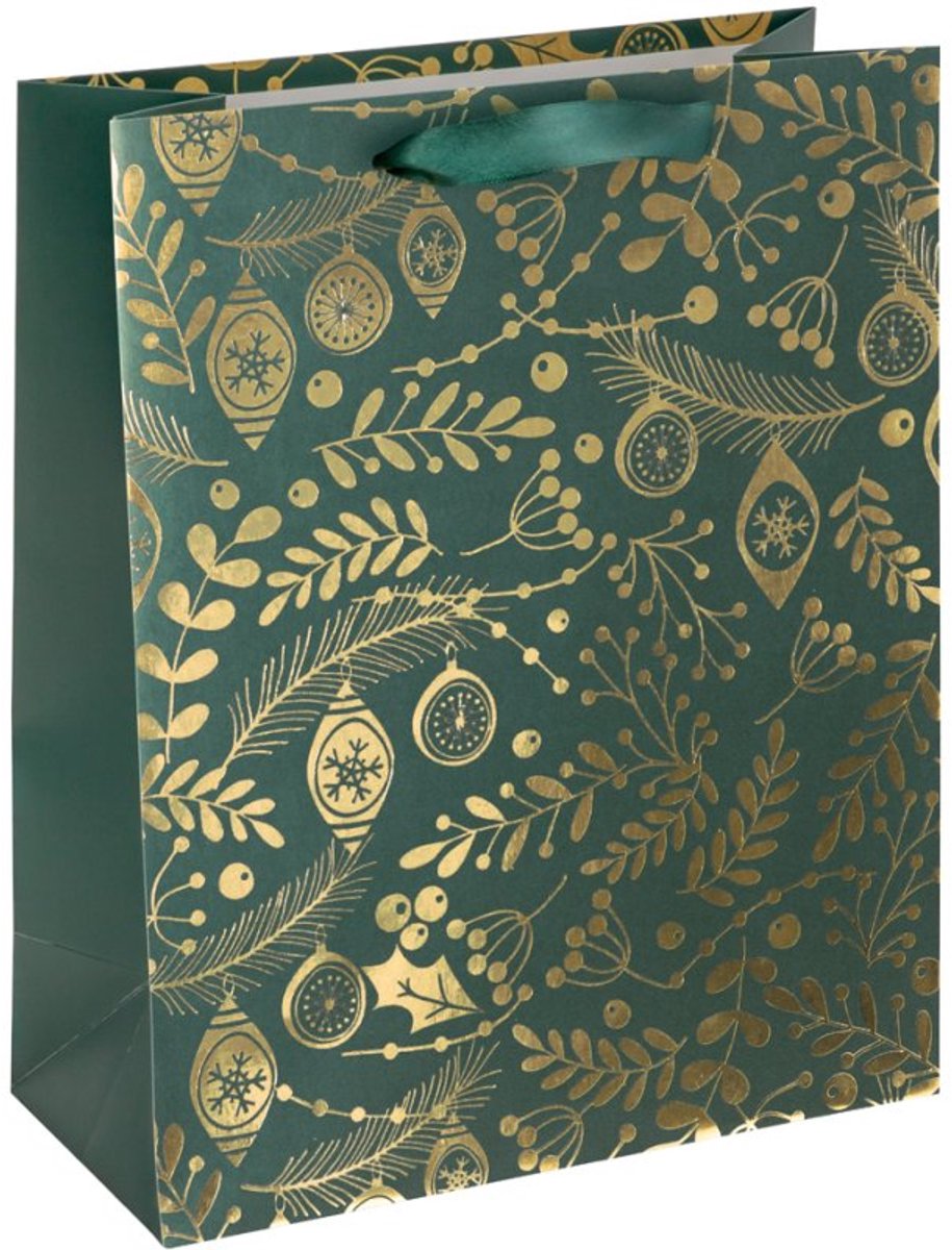 Sigel kerstcadeautas GT118, gouden ornamenten op groen, 260×120×330 mm