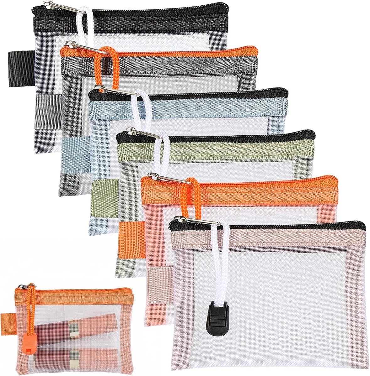 Set van 6 Cosmetica Tassen met Hartjesprint - Mesh Make-up Tassen voor Lippenstift en Oordopjes, Handig en Ruim