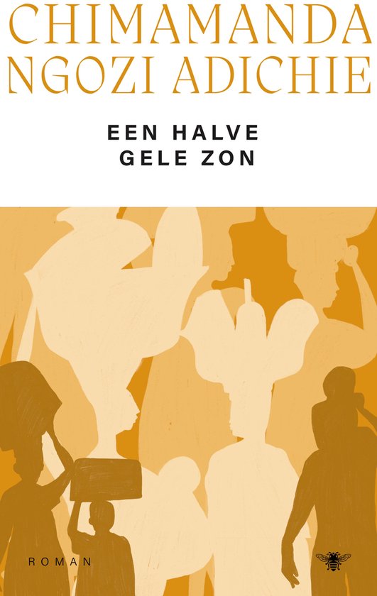 Boek 'Een halve gele zon' van Chimamanda Ngozi Adichie met een gele omslag met witte en oranje silhouetten van mensen.