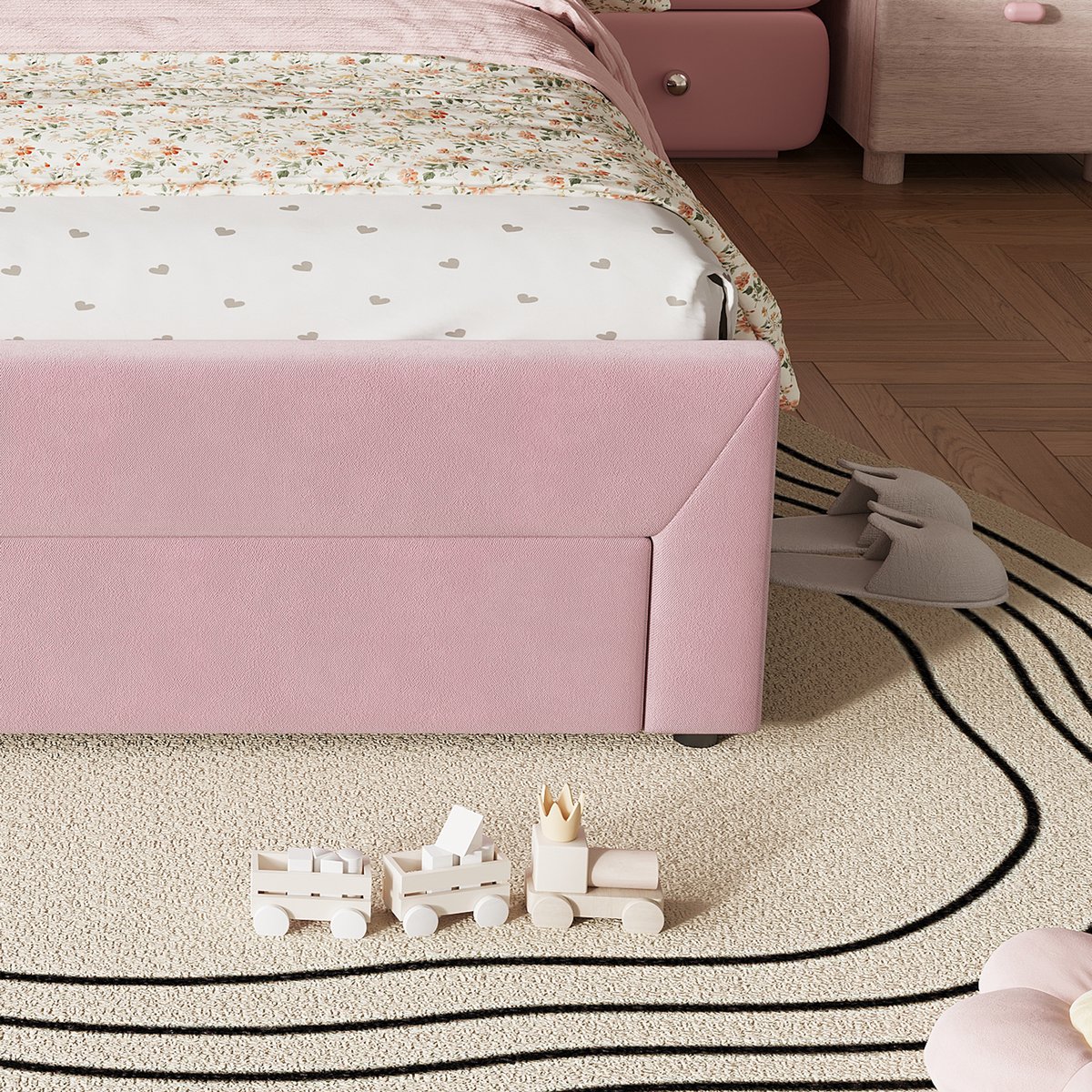 OKWISH Gestoffeerd Bed 140 x 200 cm - Kinderbed Met Ledverlichting Via App - 2 Lades Met Opbergruimte - Witte Hoofdsteun - Zonder Matras - Roze
