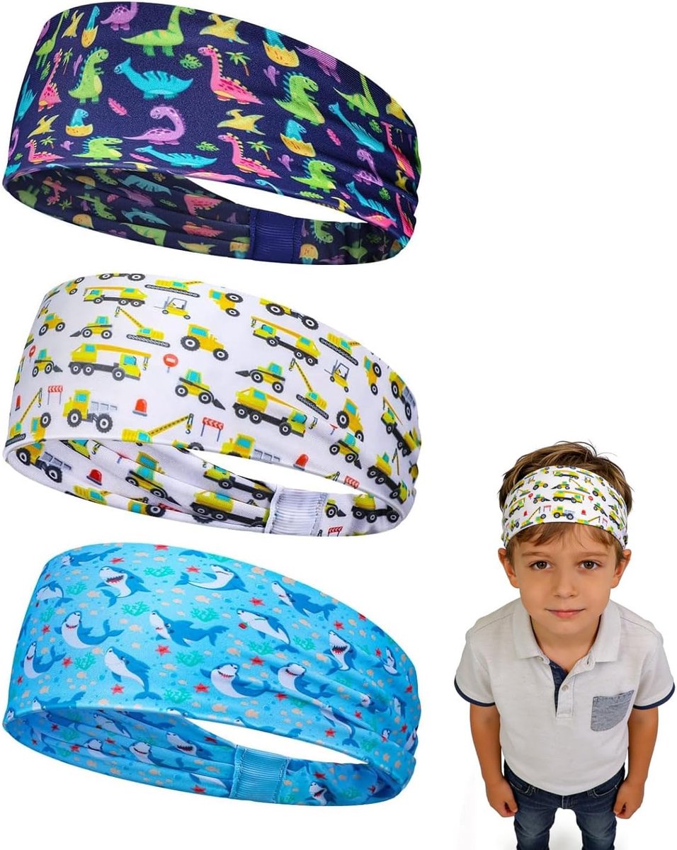 Sporthoofdband kinderen - elastisch en ademend - met dino's en voertuigen - ideaal voor sportdagen - ShopVlot
