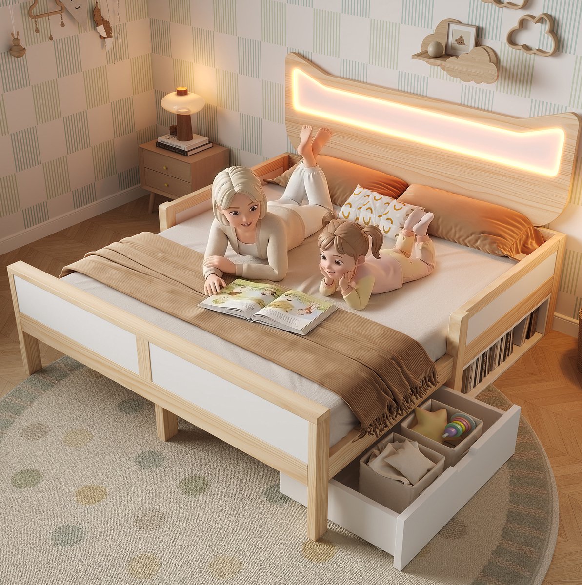 WUVRIE Kinderbed 140x200 cm met kattenorenhoofdbord, RGB-led, bedlade en opbergruimte, wit/eiken