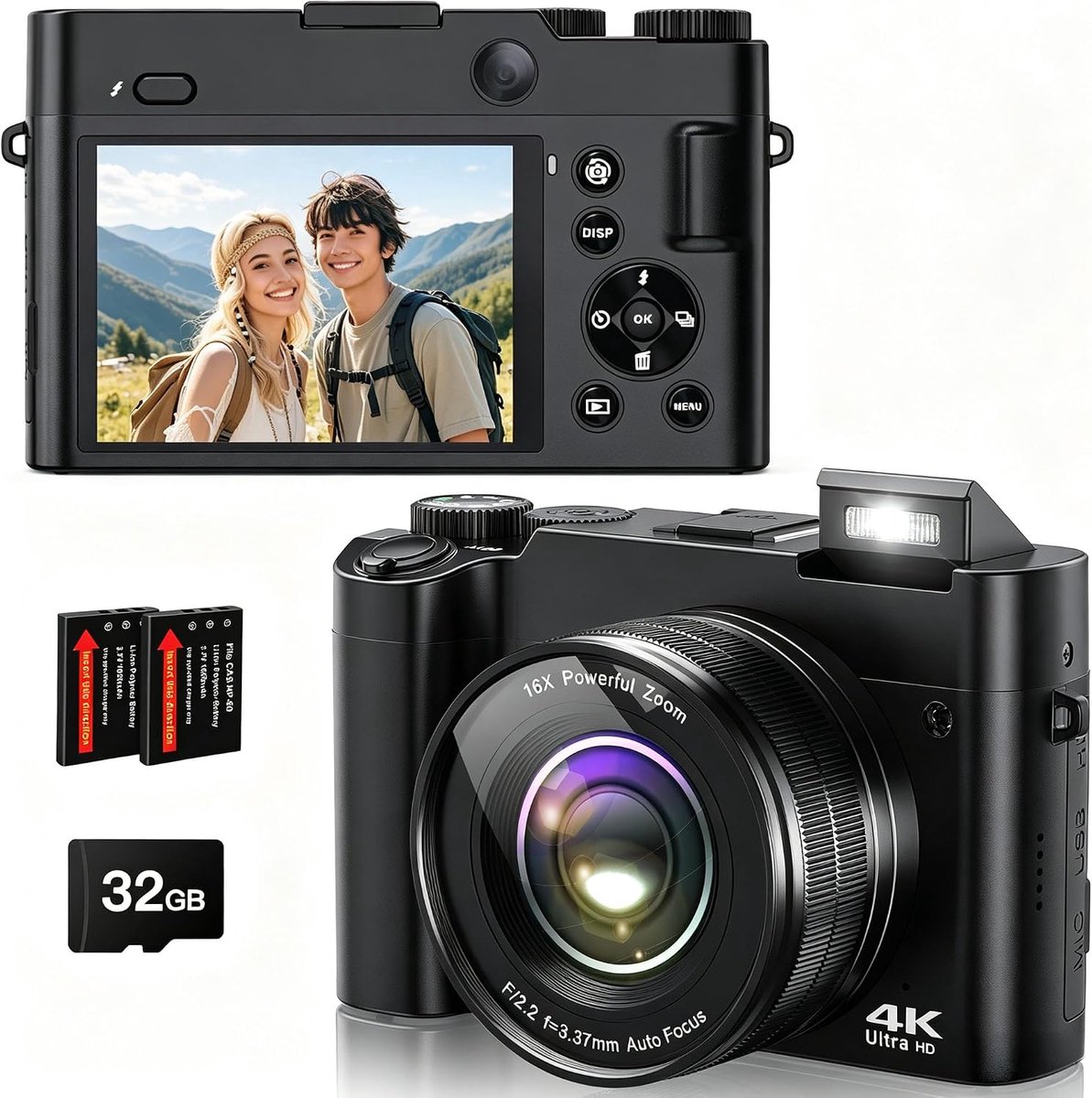 Digitale camera 4K 64 MP - selfie-camera met flitser - 32 GB kaart en 2 batterijen - perfect voor jongeren en beginners - ShopVlot