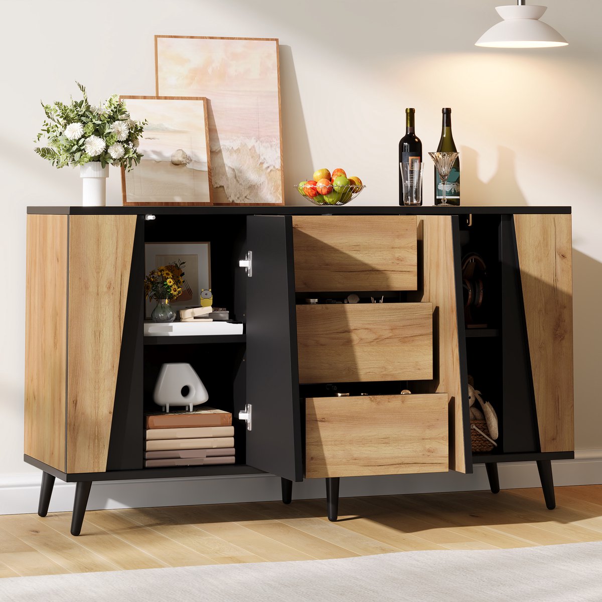 MIVRAY Dressoir - 2 Greeploze Deuren En 3 Laden - Voor Woonkamer En Eetkamer - MDF En Spaanplaat - 120x40x70 Cm - Houtkleur Zwart Naturel