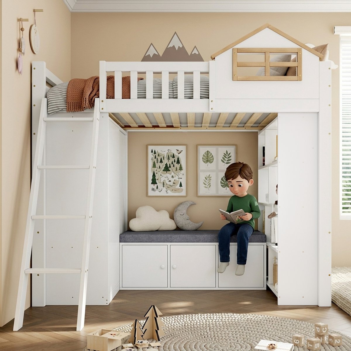 OKWISH Halfhoogslaper 90x200 cm - Kinderbed Met Ladder, Kast, Open Vak En Opbergbank - Zonder Matras - Hout En MDF - Wit Naturel Wit en naturel