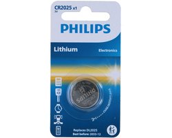 Philips CR2025 Lithium Knoopcelbatterij 3V - Vervangt DL2025 - Geschikt voor Horloges, Rekenmachines en Afstandsbedieningen - Lange Levensduur - Verpakking met 1 Stuk - Kleur Zilver