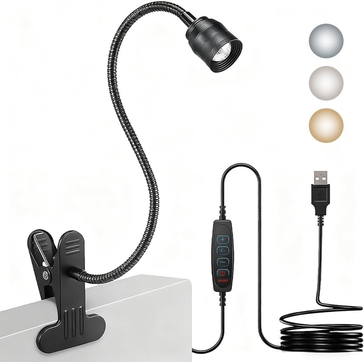 Dimbare LED Leeslamp met Klem, Flexibele Gooseneck, 3 Kleurtemperaturen en Zoomfunctie voor Bed en Bureau