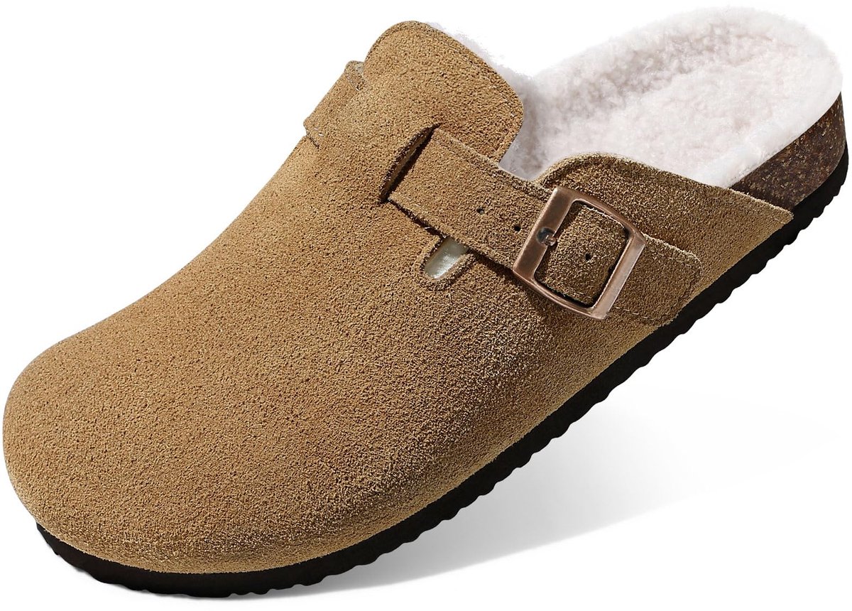 Homaxy - Unisex Clogs - Klompen Voor Dames - Klompen Van Echt Suède Met Bontvoering - Houten Cogs - Bruin - 43 - Geschikt voor een voetlengte van 27cm