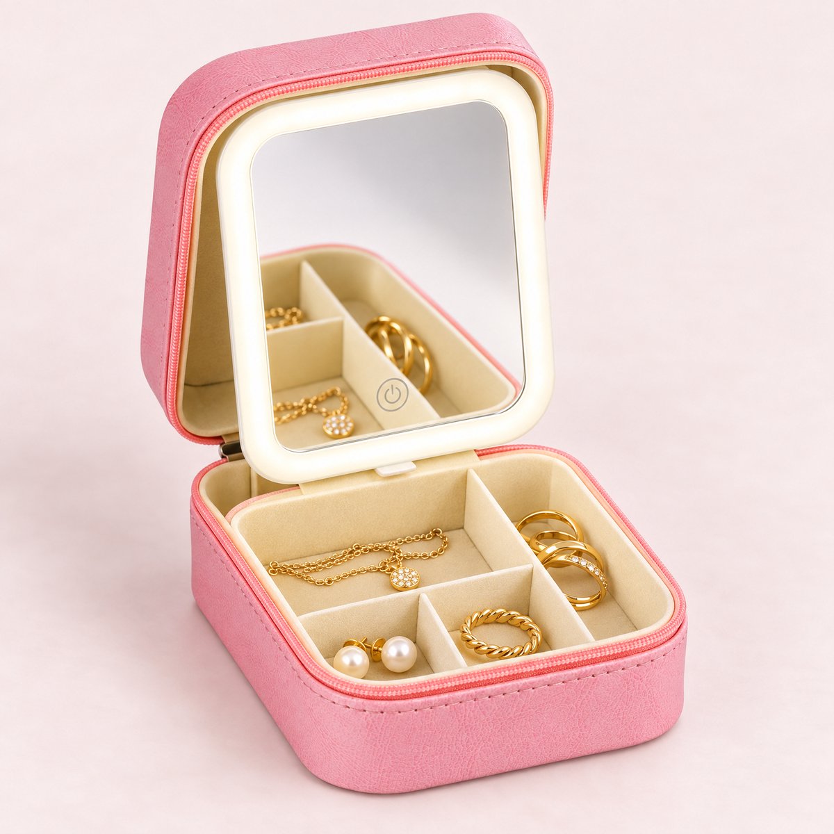 Cheqo® Sieradendoos met LED Spiegel - Juwelendoos - Sieradendoosje - Sieradenbox - Juwelenkistje - Sieradenetui - Sieraden Organizer - voor Ringen - Oorbellen - Kettingen - Armbanden - Reisformaat - Make-up Spiegel - Cadeau voor Vrouw - Roze