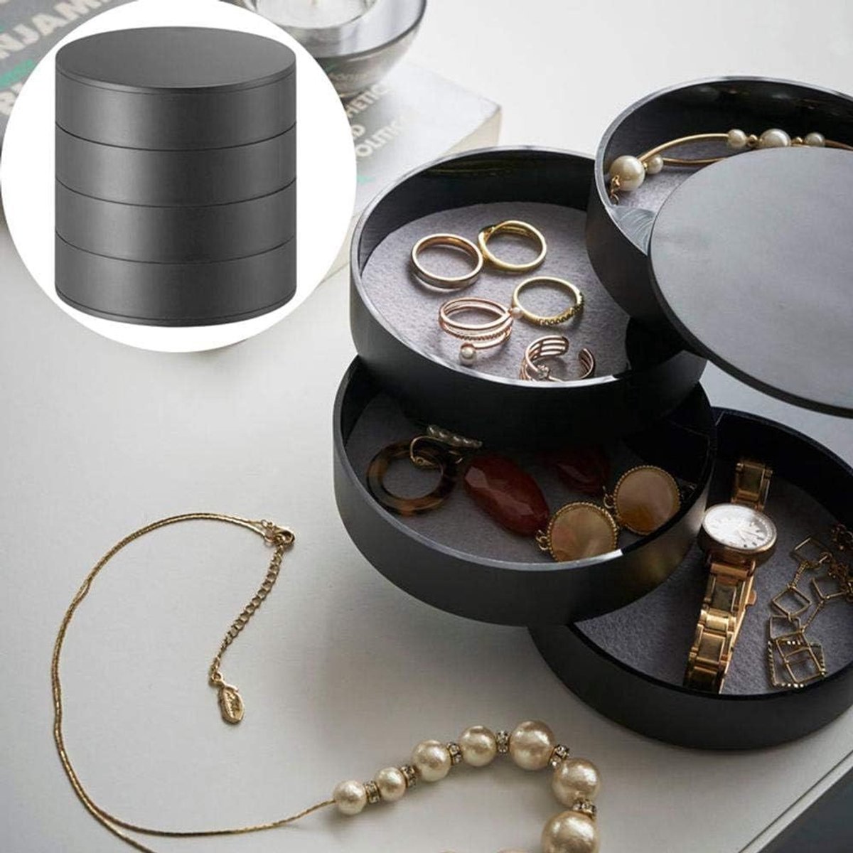 Sieradenbox met 360 Graden Rotatie voor Vrouwen en Meisjes - Opbergdoos voor Ringen, Oorbellen, Kettingen en Armbanden - Compacte Reis Makeup Organizer