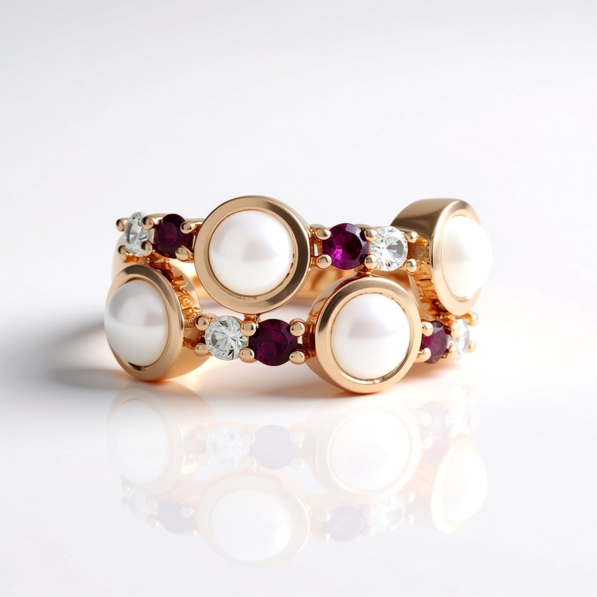 Cavill - 925 Sterling Zilver & Roségoud Verguld - Witte Maansteen 2,16 ct & Rhodoliet Ring 0,36 ct - Ronde Cabochon Elegante Damesring