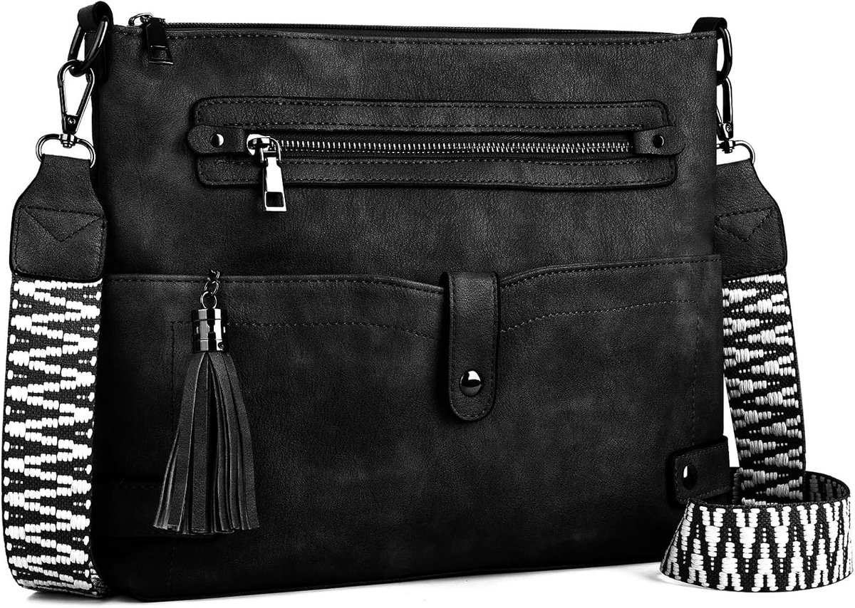 Stijlvolle Vegan Leren Schoudertas met Brede Boho Strap en Kwast, Ruime Handtas voor Vrouwen met Meerdere Vakken