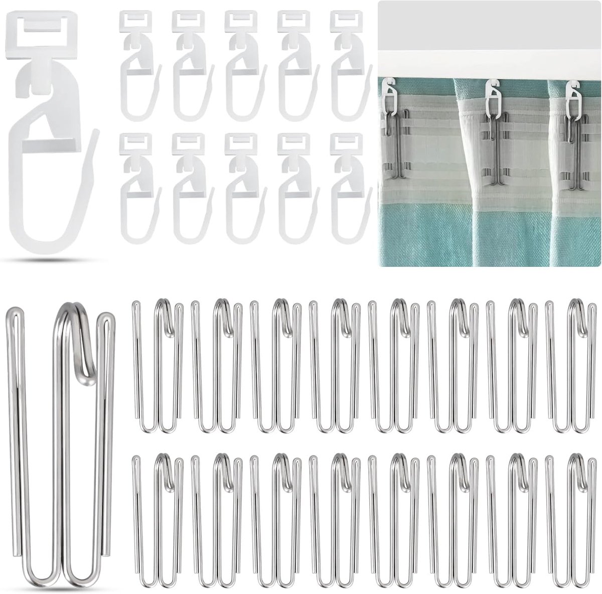 SnelShoppen - Gordijnhaken set 80 stuks, 40 roestvrijstalen plooihaken + 40 gordijnglijders voor rail, 4 tanden, decoratieve accessoires voor woonkame