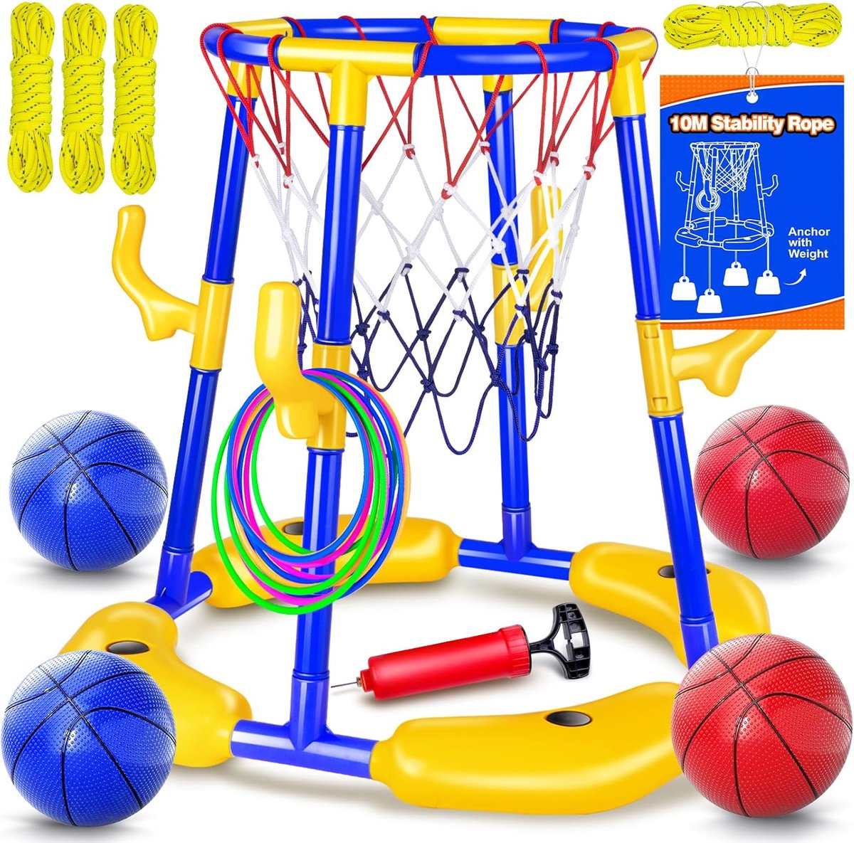 SnelShoppen - Zwembad Basketball Set met Drijvende Basket, 4 Waterballen, Pomp, Ringen - 2-in-1 Pool Speelgoed voor Volwassenen, Jongeren en Kinderen