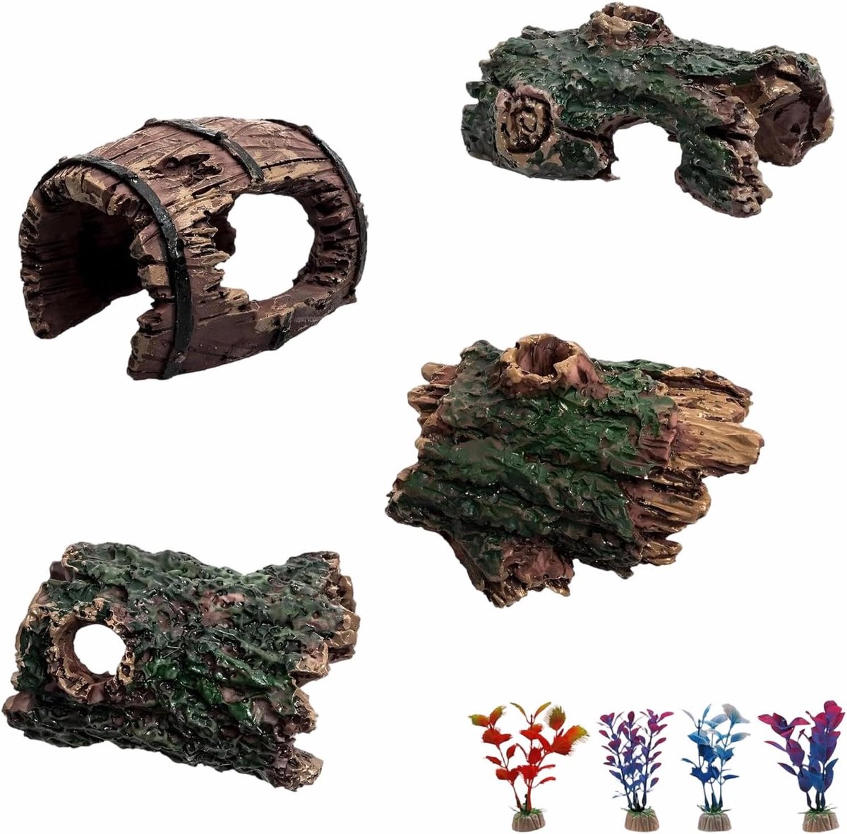 SnelShoppen - 4 stuks Aquarium Decoratie, Gesimuleerde Boom en Hars Grotten met Groen Gras, Stabiel Voor Reptielen en Bedtafels, Creatief Waterlandsch