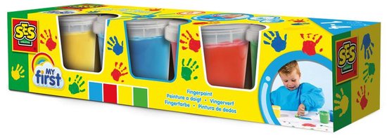 Een verpakking 'My First' vingerverf van SES met drie potjes verf en afbeeldingen van kinderen.