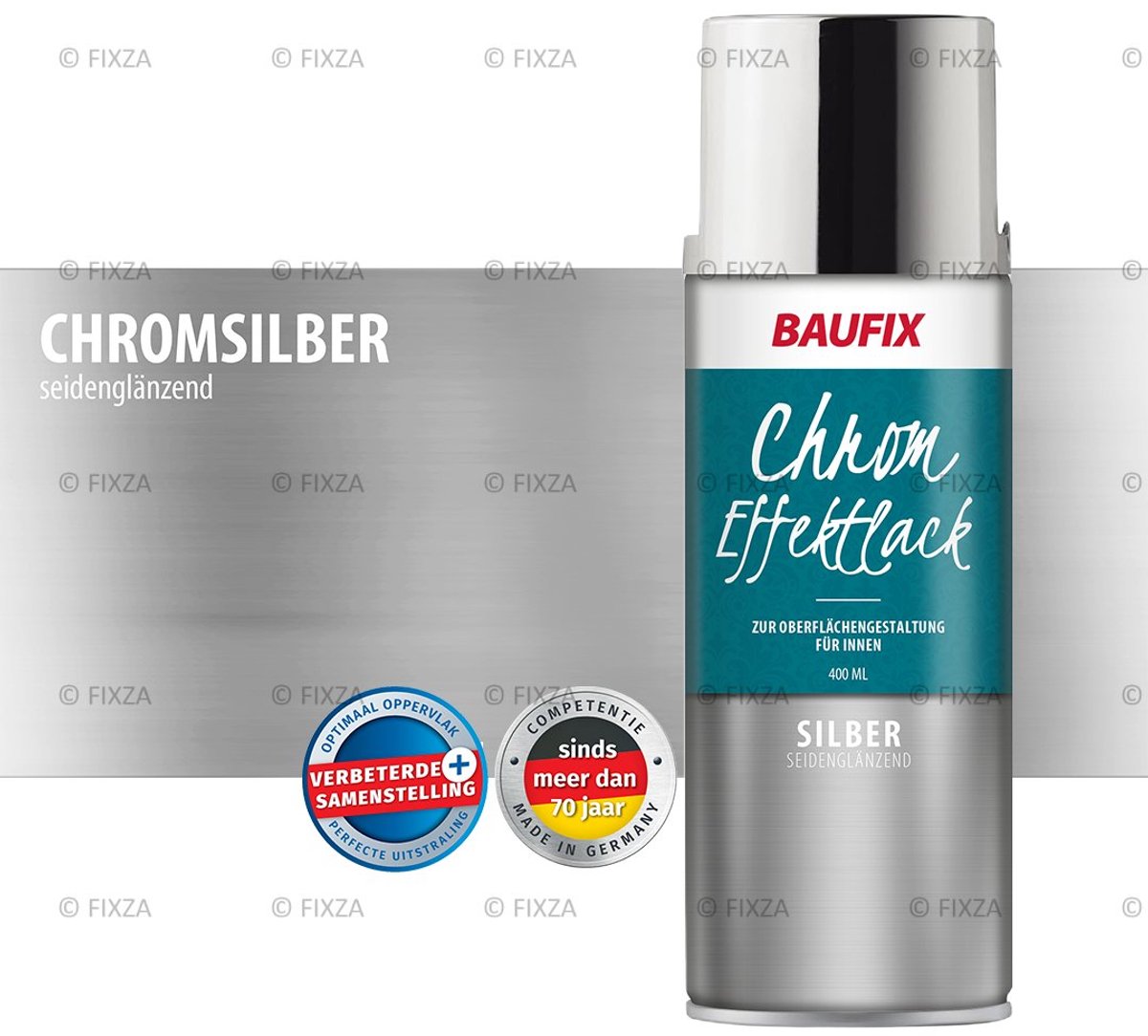 BAUFIX Chroomlak Zilver Spuitbus 400 ml – Zijdeglans Zilver Spray – Decoratieve Metallic Lak voor Hout, Metaal, Kunststof & Glas – Binnengebruik