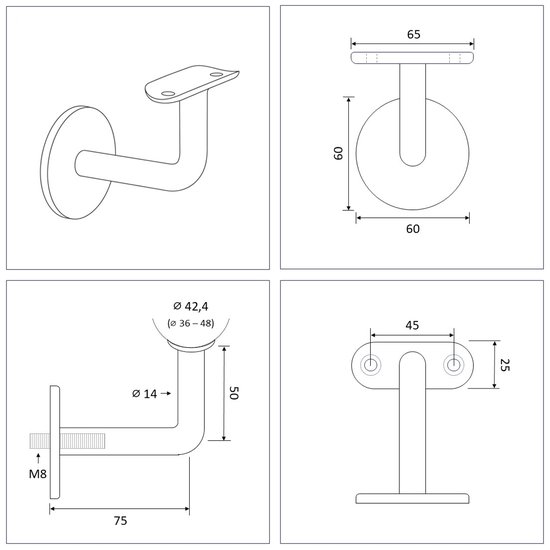 Zwarte trapleuninghouder - Leuningdrager Zwart Model C – Hol zadel – Blinde bevestiging (incl. bevestigingsmateriaal)