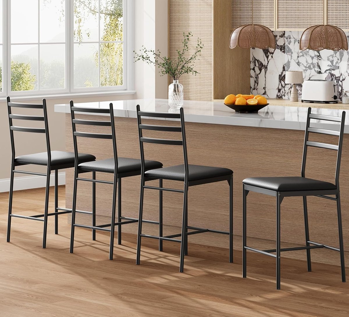 Barkrukken Set van 4 - Industriële Barstoelen met Leuning & PU Leer