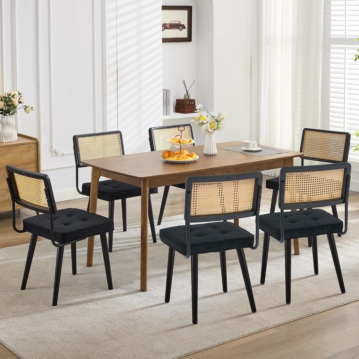 Rotan Eetkamerstoelen Set van 6 - Hoge Cane Stoelen Zwart Hout & Linnen