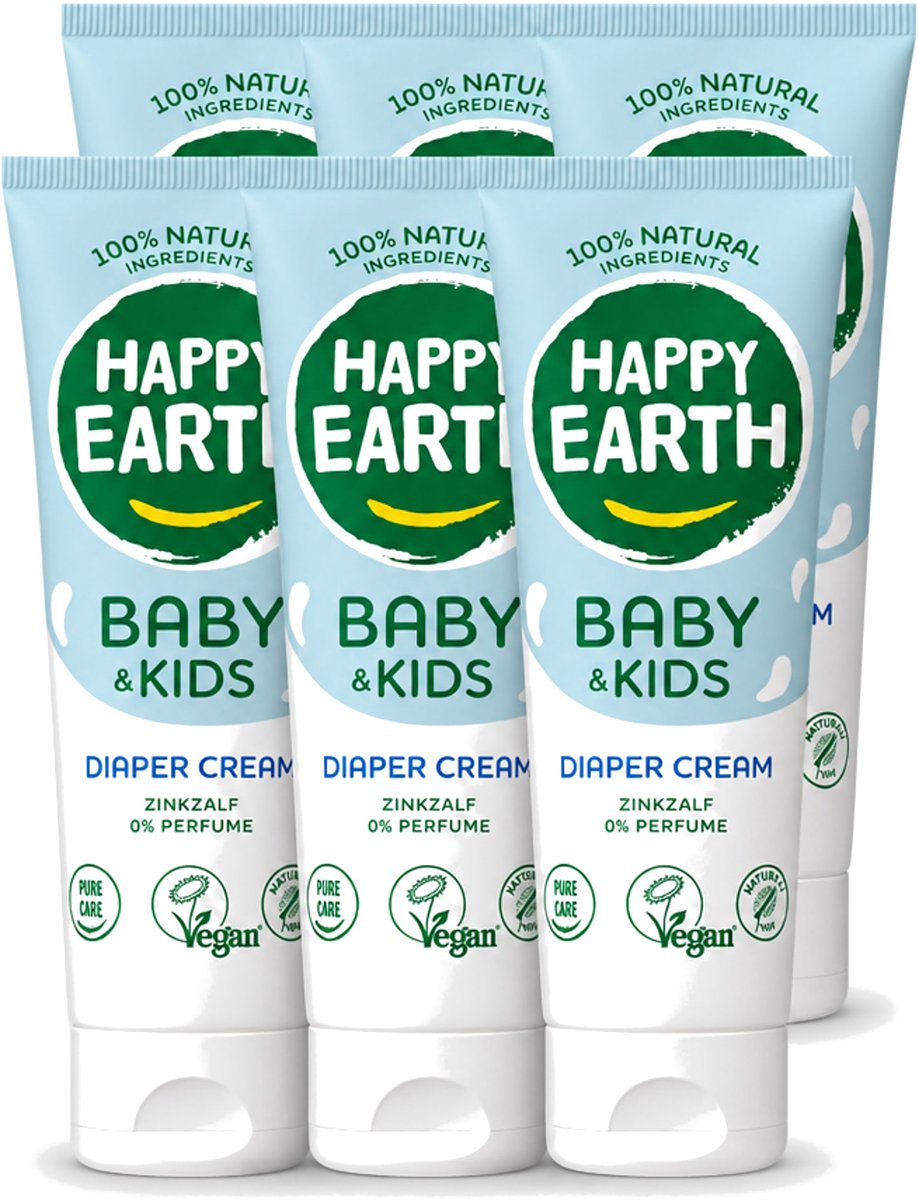 6 x Happy Earth – Diaper Cream – 100% Natuurlijk Baby & Kids – 75 ml - Voordeelverpakking - 6 stuks