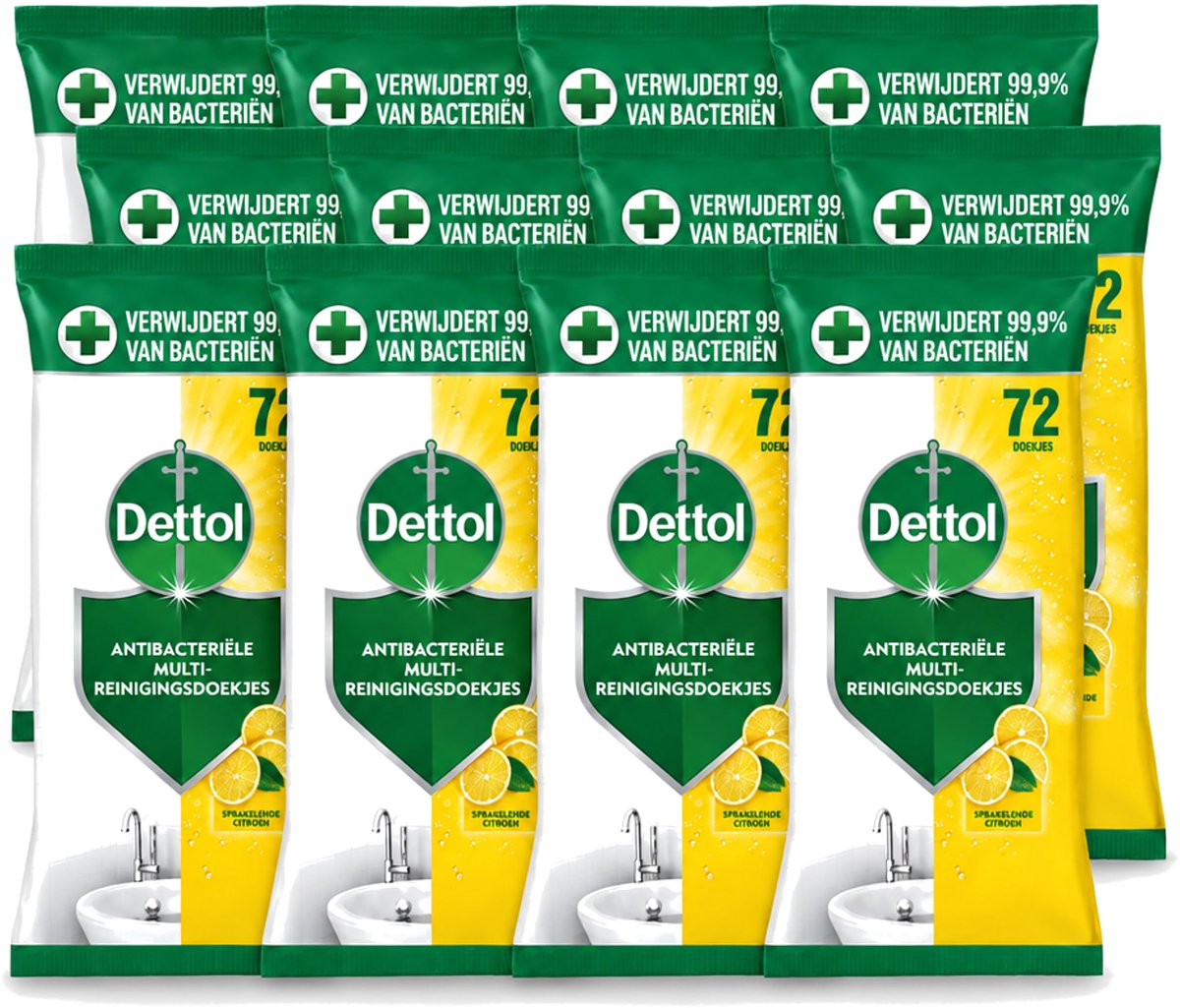 12 x Dettol - Reinigingsdoekjes - Sprankelende Citroen - 99,9% Bacterieverwijdering - 72 Doekjes - Voordeelverpakking - 12 stuks