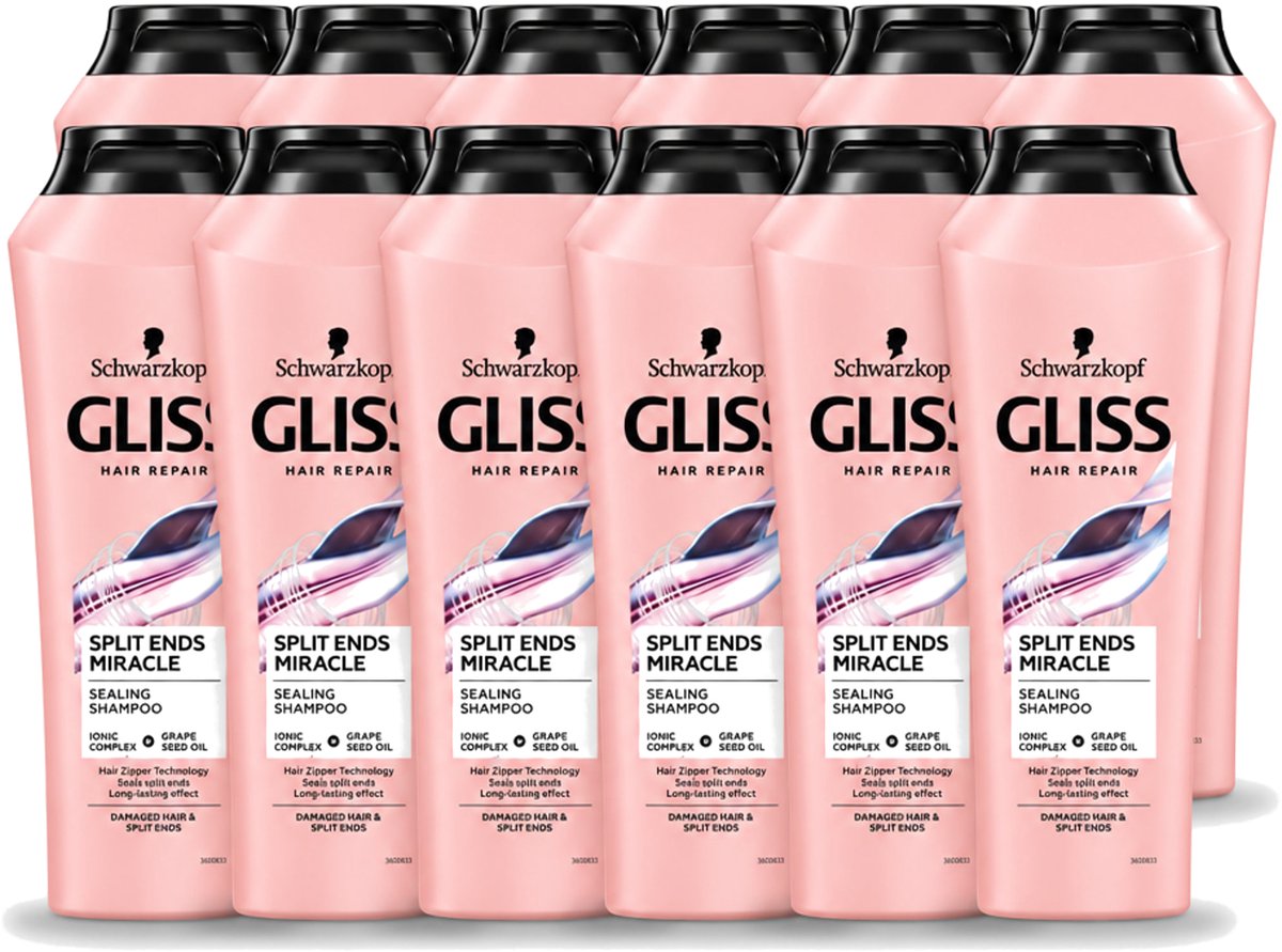 12 x Gliss - Shampoo - Split Hair Miracle - Voor Beschadigd Haar - 250 ml - Voordeelverpakking - 12 stuks