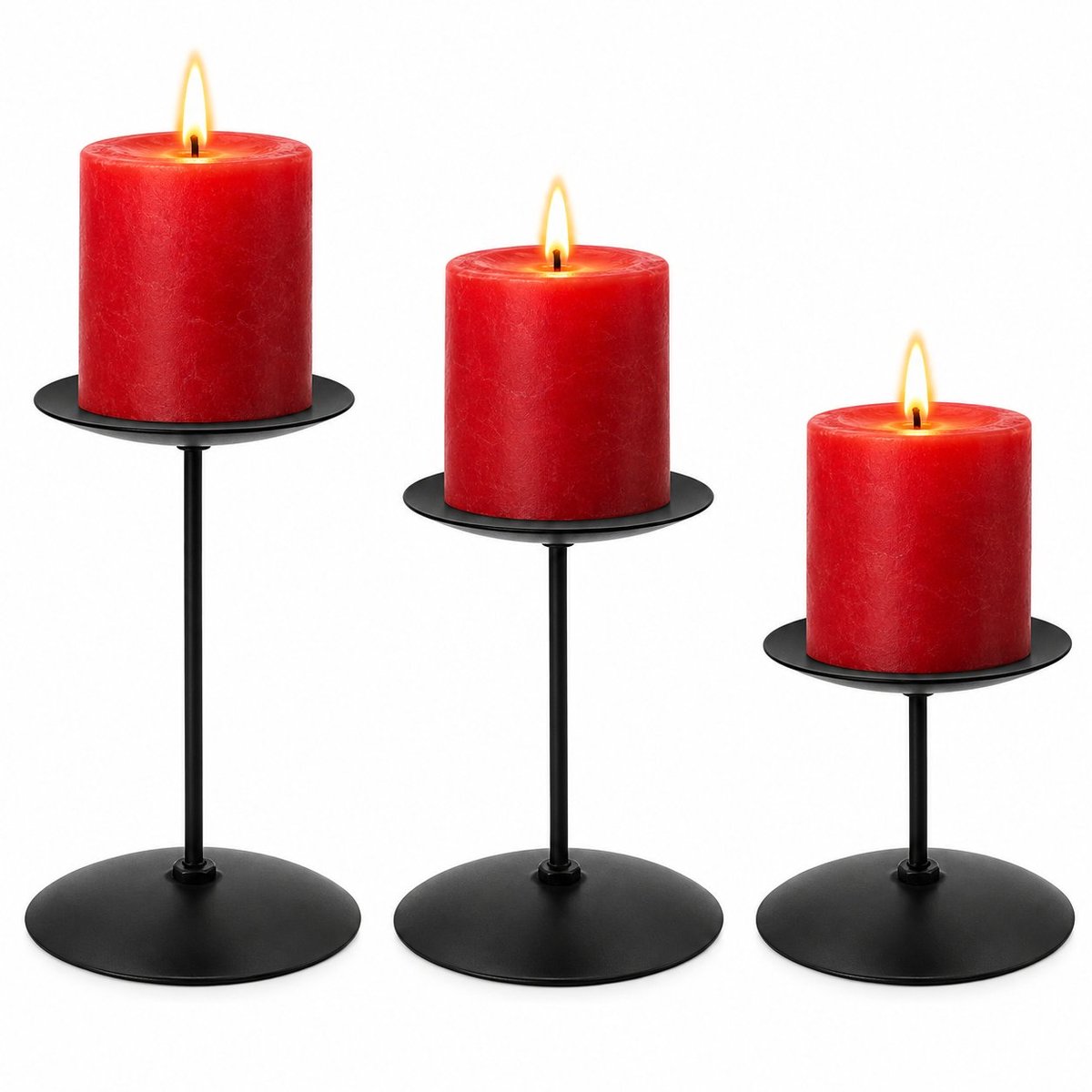 R H R&H® Kandelaar Set van 3 - Zwarte Metalen Kaarsenhouders - Hoogtes 5/10/15 cm - Retro Design voor Tafel, Bruiloft en Kerst