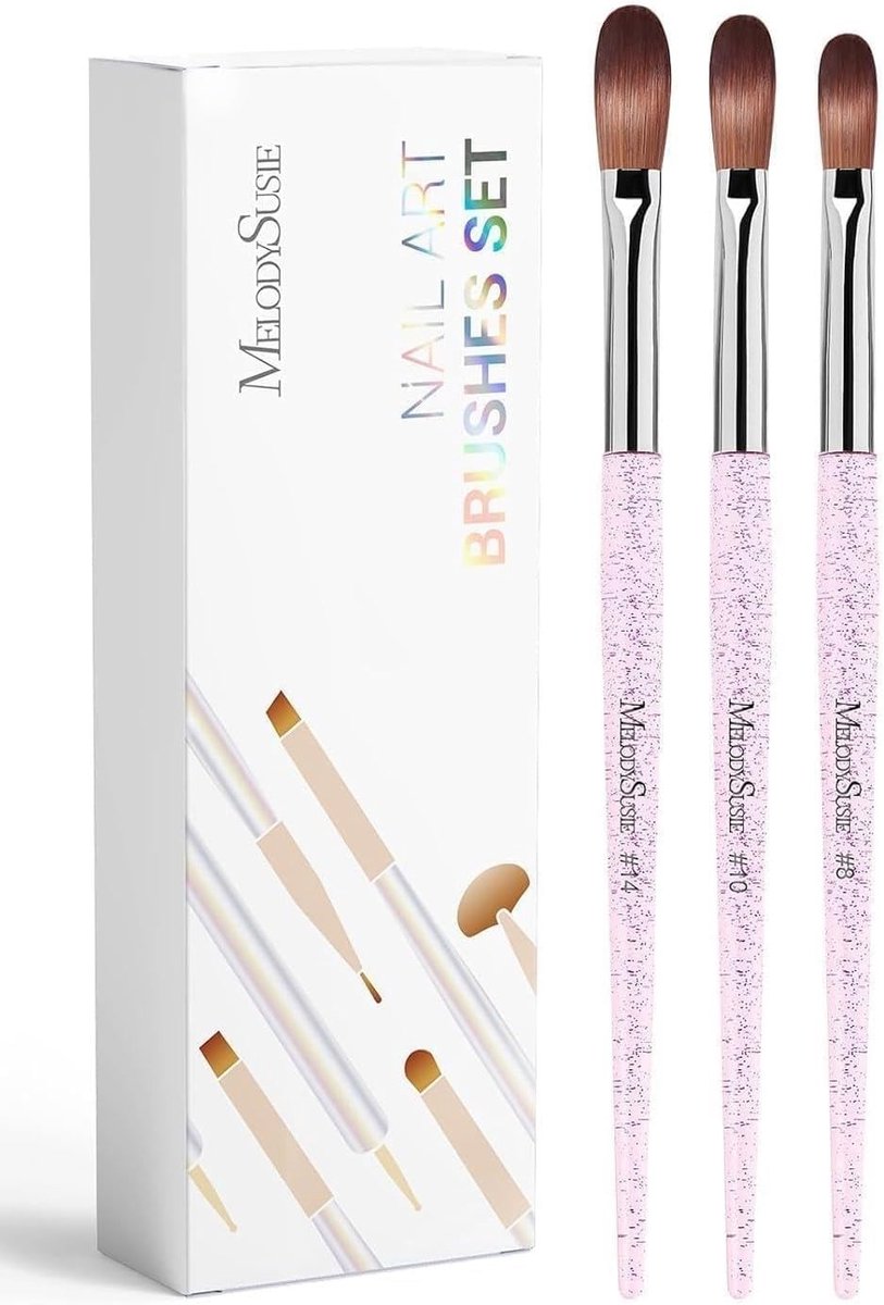 Set van 3 Professionele Gel Nagelkwasten, Acrylkwasten voor Nagels, Perfect voor Nagelkunst en UV Gel, Inclusief Maten 8, 10 en 14