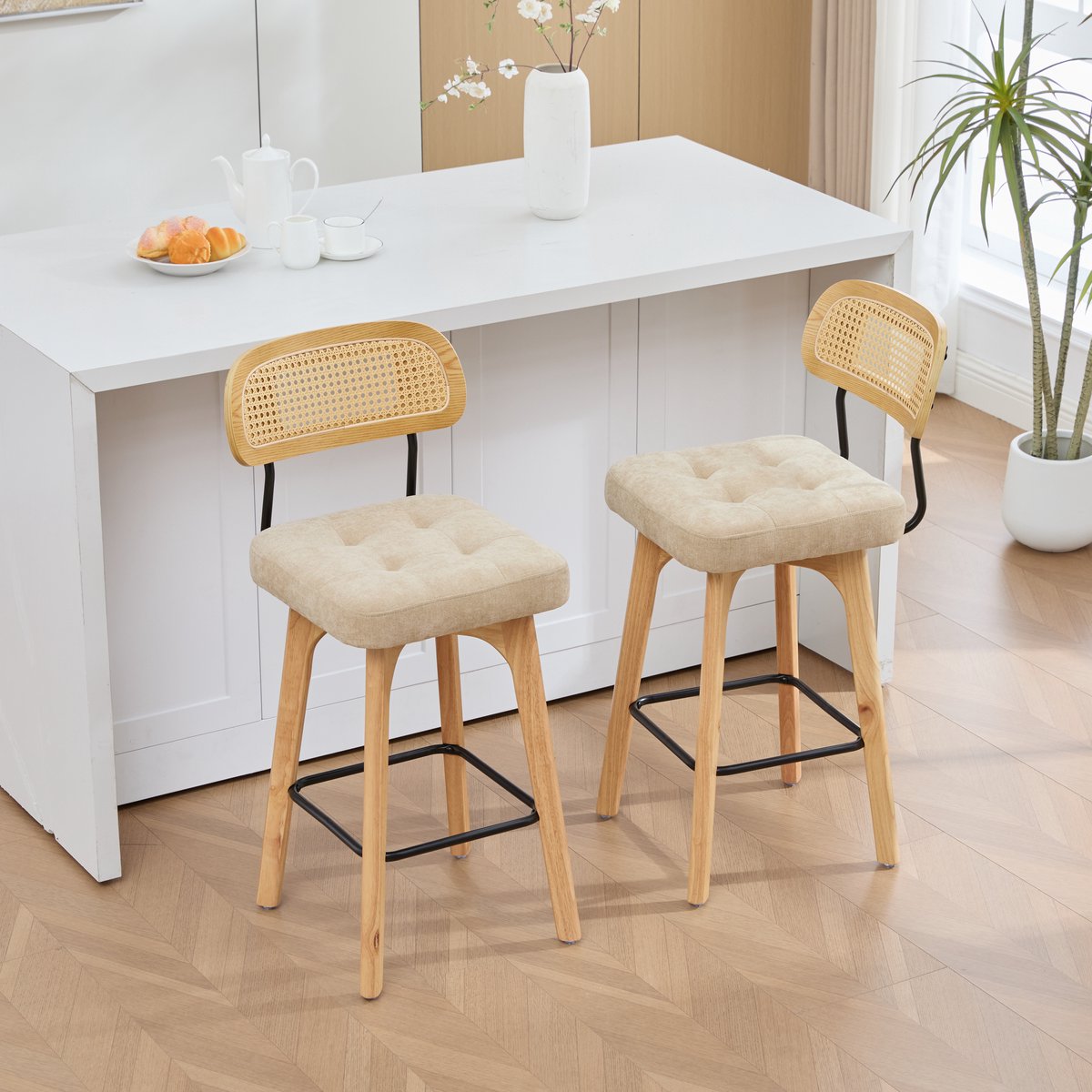 COVREO Barkrukset van 2 met rugleuning – Draaibare keukenkruk met voetsteun – Zitmeubel voor ontbijtbar – 44x51x96 cm – Khaki