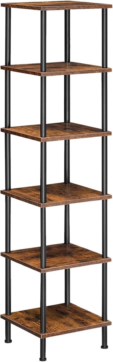 6-Tier Hoekplank, Vrijstaande Hoekplanken voor Woonkamer, Industrieel Design, Vloerboekenplank voor Thuis, Kantoor en Badkamer, Rustiek Bruin en Zwart