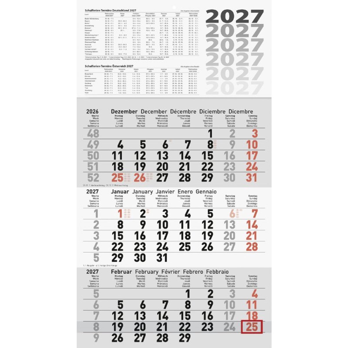 Glocken wandkalender 3-maands, 290 × 520 mm, grijskleurig