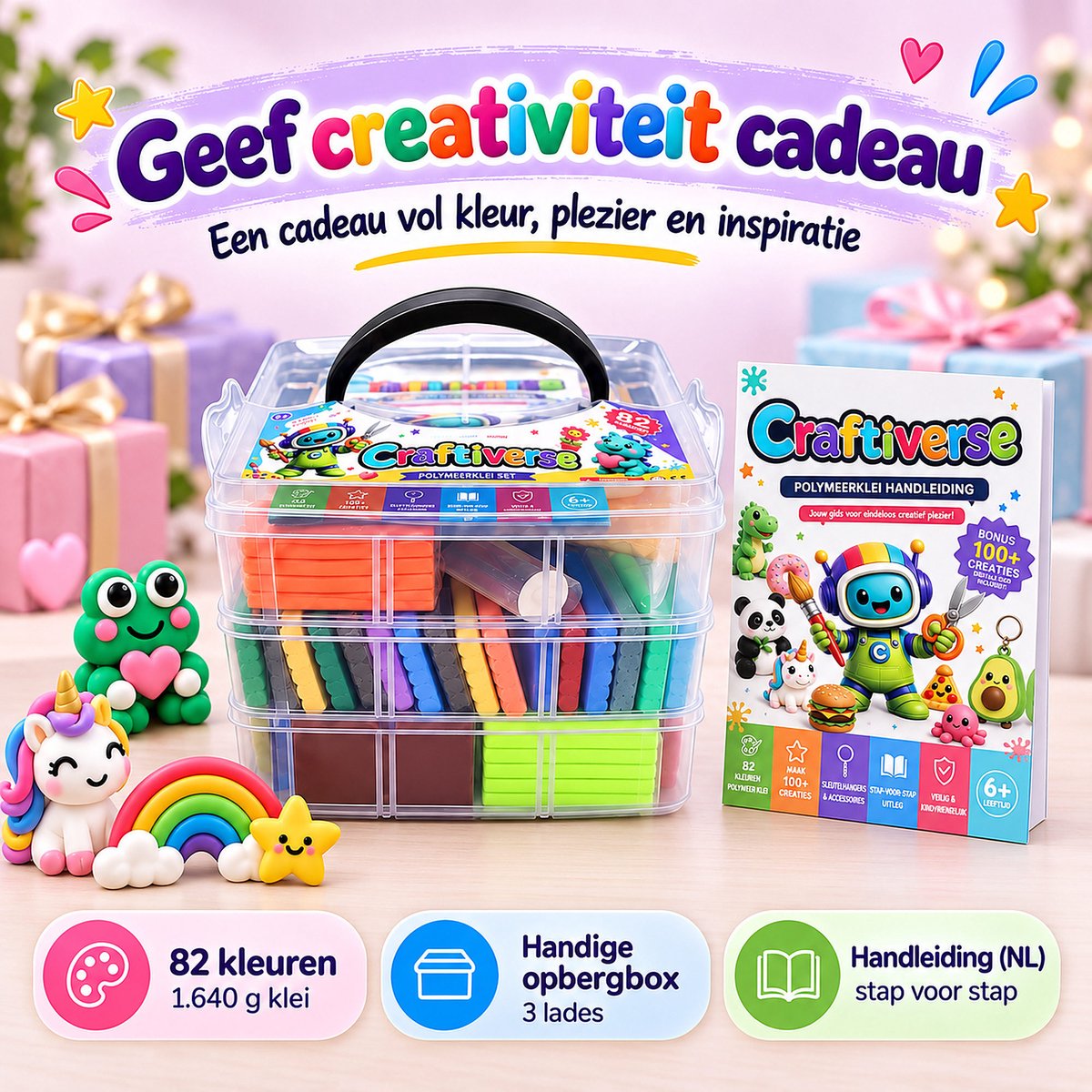 Craftiverse Polymeer Klei Set – 82 Kleuren 82x20g – Complete Knutselset voor Kinderen – Ovenhardende Boetseerklei met Accessoires & Handleiding - Fimo Alternatief — afbeelding 6