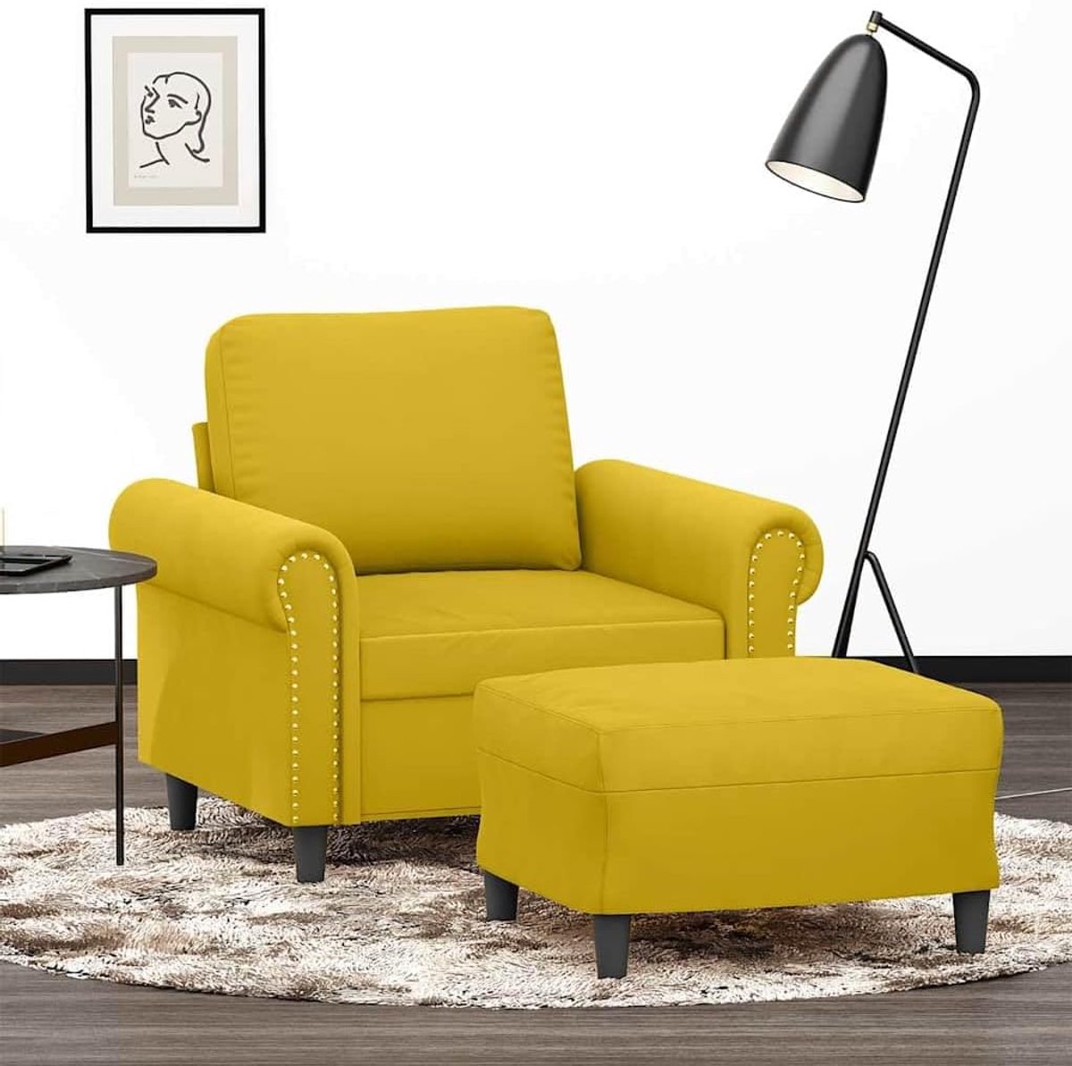 Fauteuil met kruk geel 60 cm fluwelen gestoffeerde stoel relaxstoel met dik gevoerde zitting en voetenbank voor woonkamer, robuust metalen frame, comfortabel meubelstuk, set van 4