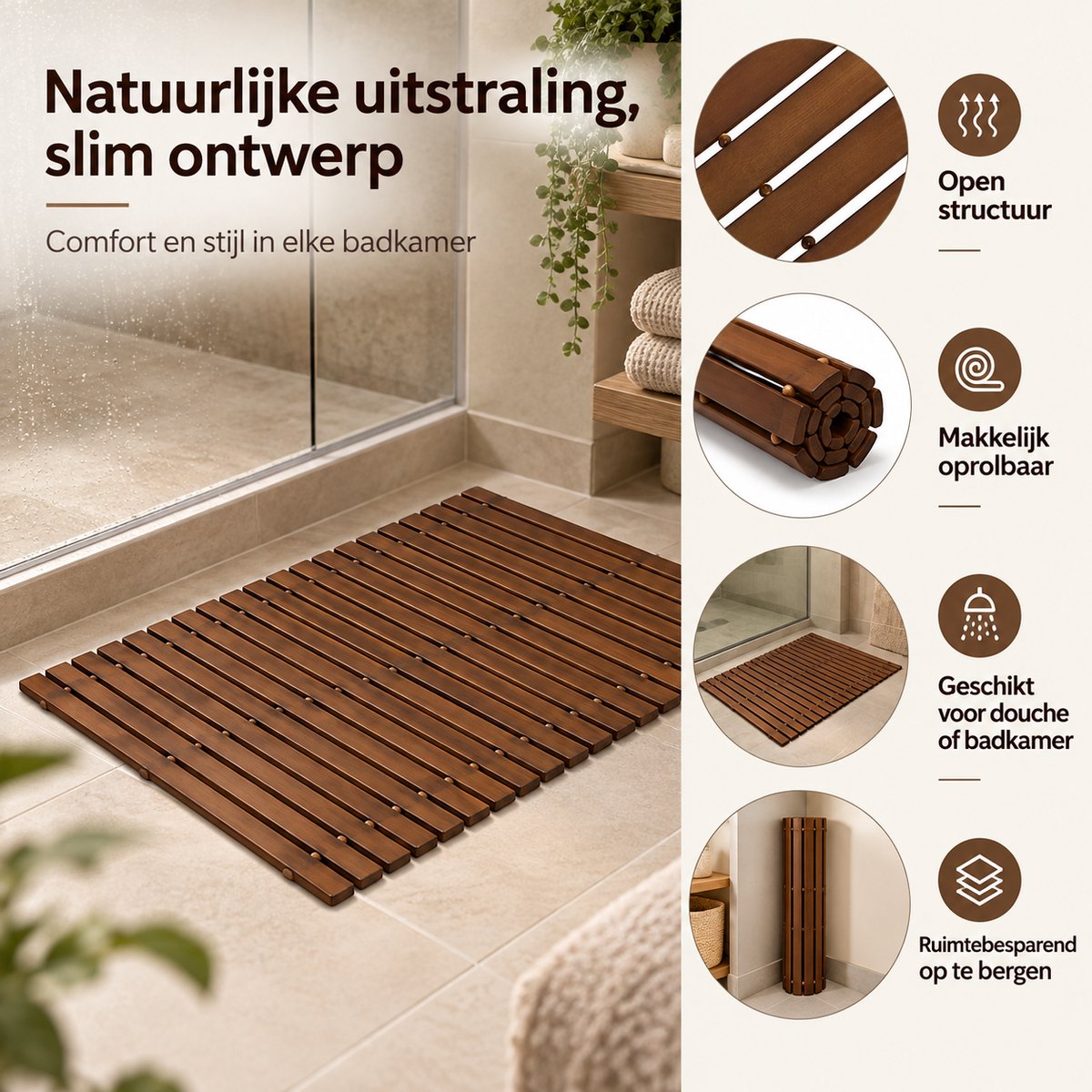 Houten Douchemat 40 x 60 cm – Oprolbare Badmat van Hout – Donkerbruin – Houten Badkamermat voor Douche & Badkamer – Donker Bruin — cadeau in Wonen & Interieur - foto 7