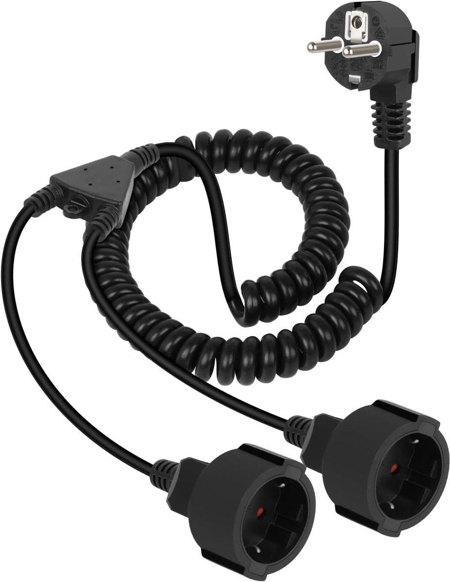 Extension Cable and Spiral, 1 to 2 Protective Touchpoint Coil Cable, 16 A/250 V, Extension Cable with 2 Tomas (1.7 m) - ShopVlot