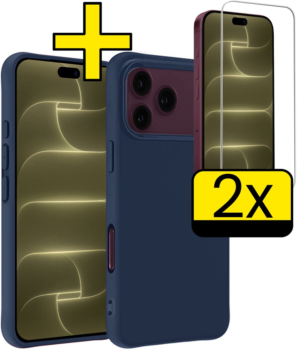 Hoesje - Met 2x Screenprotector - Geschikt voor Apple iPhone 18 Pro Max - Sterk & Shockproof - Back Cover - Siliconen Case - Telefoon Hoes - Telefoonhoesjes - Donkerblauw