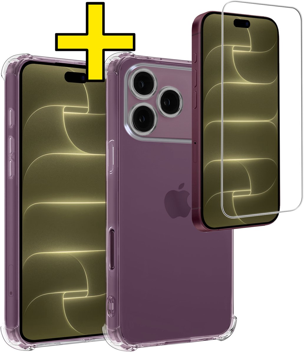 Hoesje - Met Screenprotector - Geschikt voor Apple iPhone 18 Pro - Sterk & Shockproof - Siliconen Case - Back Cover - Telefoon Hoes - Shock Proof - Telefoonhoesjes - Transparant