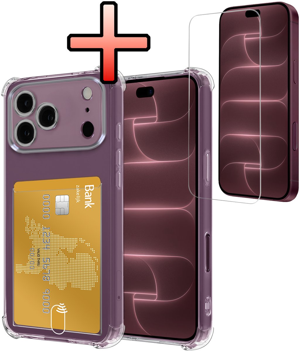 Hoesje - Geschikt voor Apple iPhone 18 Pro Max - Met Screenprotector - En Pashouder - En Kaarthouder - Telefoon Hoes Shockproof - Siliconen Case - Back Cover - Shock Proof - Pasjes Houder - Transparant