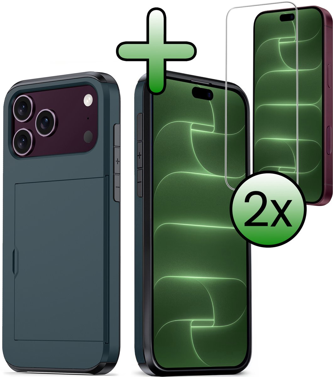 Hoes Geschikt voor iPhone 18 Pro Hoesje Hard Case Met Pas Houder Met 2x Screenprotector - Hoesje Geschikt voor iPhone 18 Pro Hoes Shockproof Hard Cover Met Kaarthouder - Donkerblauw