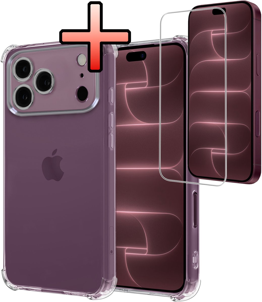 Hoesje - Met Screenprotector - Geschikt voor Apple iPhone 18 Pro Max - Sterk & Shockproof - Siliconen Case - Back Cover - Telefoon Hoes - Shock Proof - Transparant