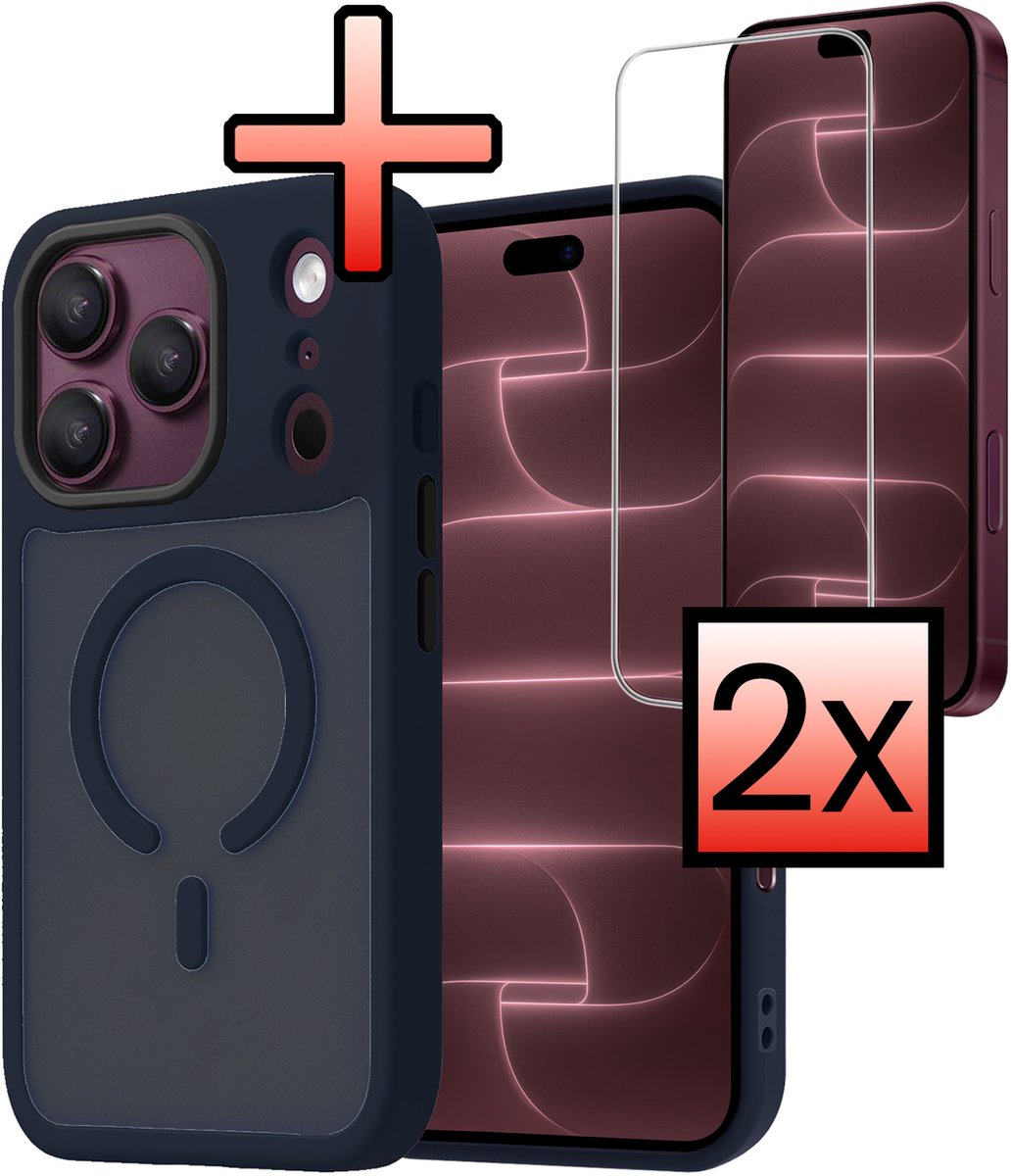 Hoesje - Met 2x Screenprotector - Geschikt voor Apple iPhone 18 Pro - Magsafe Compatible - Sterk & Shockproof - Back Cover - Shock Proof Case - Telefoon Hoes - Donkerblauw