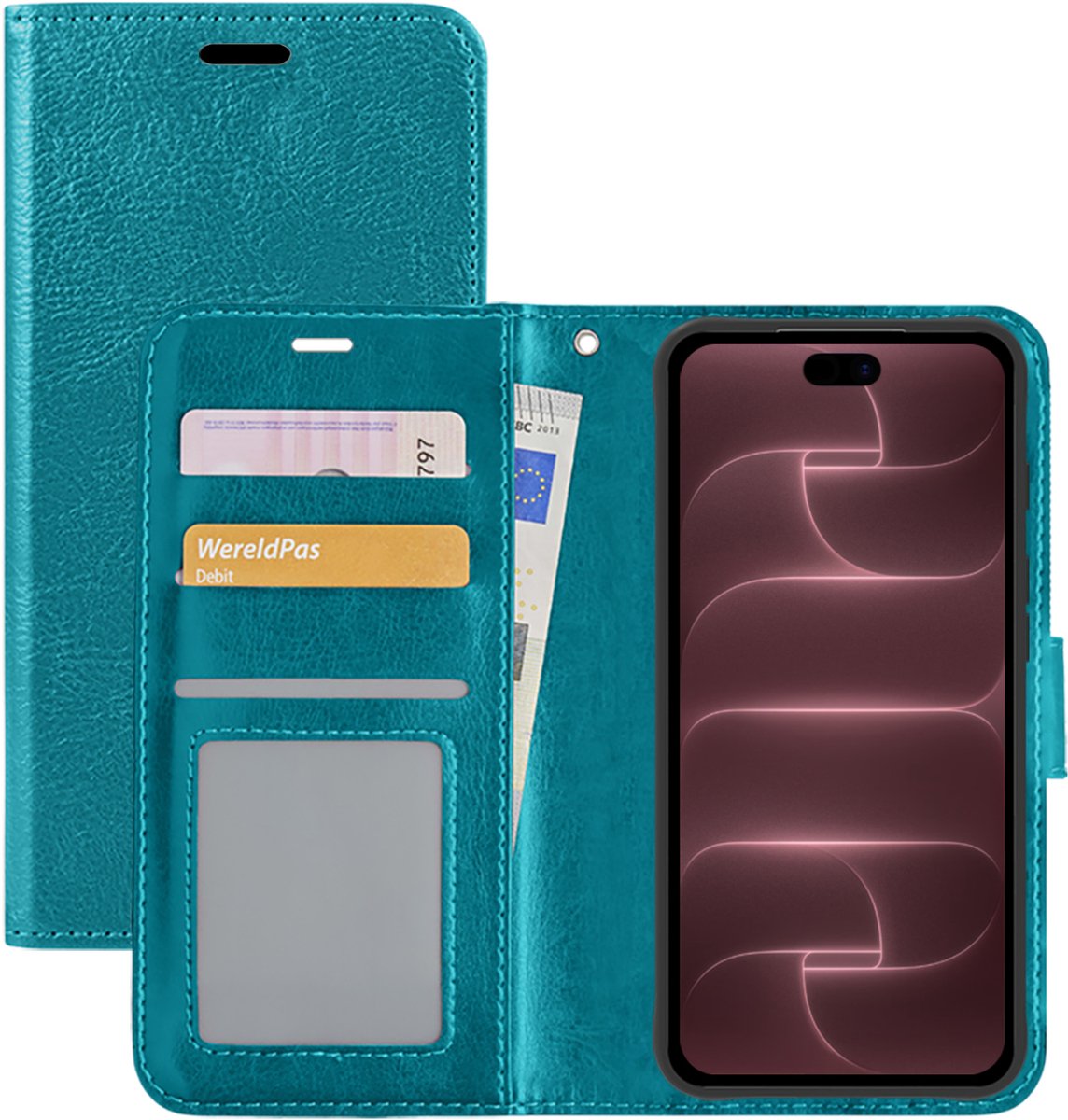 Hoesje - Met Pasjeshouder - Geschikt voor Apple iPhone 18 Pro Max - Luxe Bookcase Portemonee - Flip Case - Kunstleer Book Case - Flipcase - Book Cover - Walletcase - Portemonneehoes - Turquoise