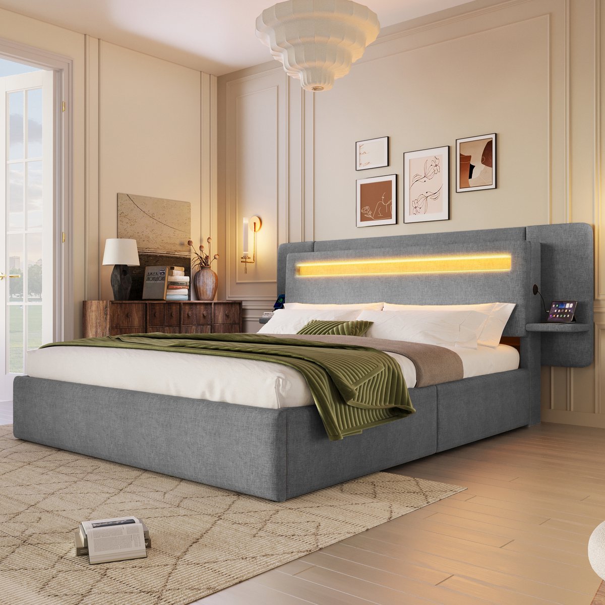 DESMIU Gestoffeerd Bed 140 x 200 cm – Hydraulische Opbergruimte – LED en USB – Tweepersoonsbed van Stof en MDF – Grijs – Zonder Matras