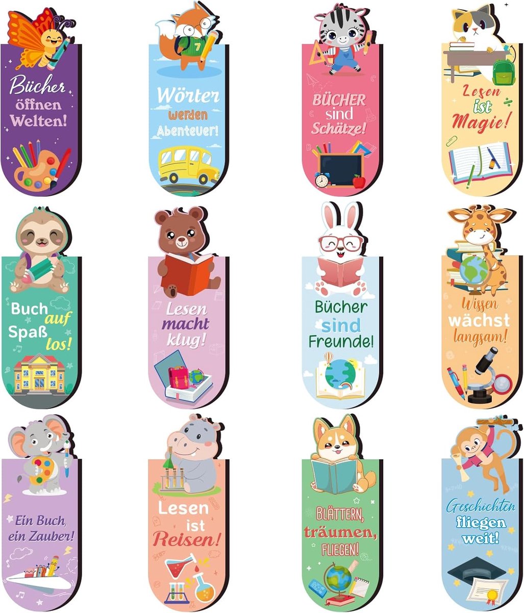 SnelShoppen - 12 Dieren Magnetische Boekenleggers voor Kinderen - Feestelijke Cadeaus, School Spullen, Adventskalender, Leuke Cartoons voor Jongens en