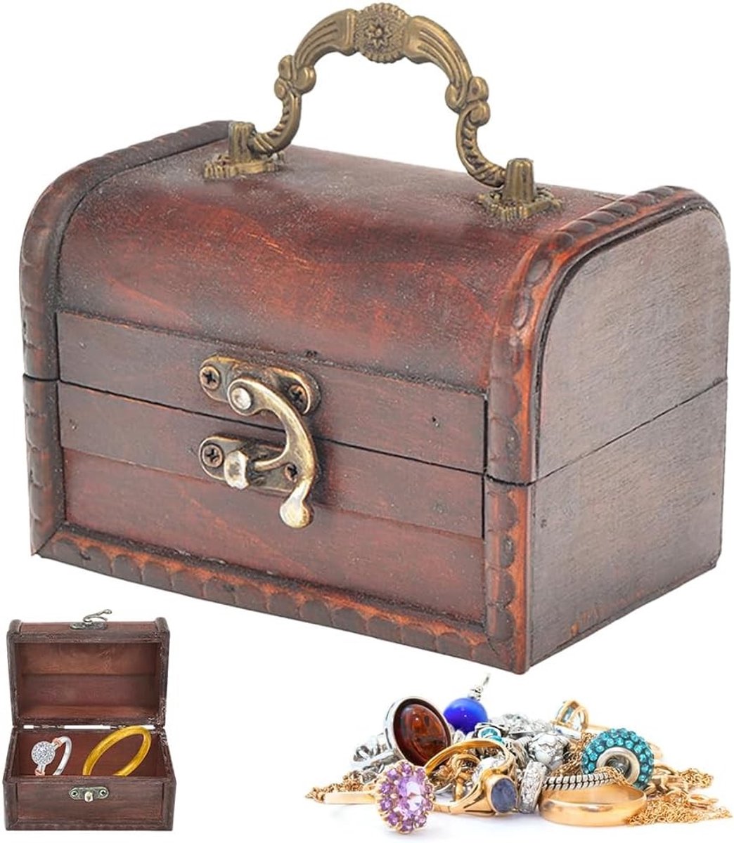 Decoratieve Houten Schatkist met Slot - Vintage Opbergkist voor Sieraden en Decoratie (12x8.5x8.5 cm)