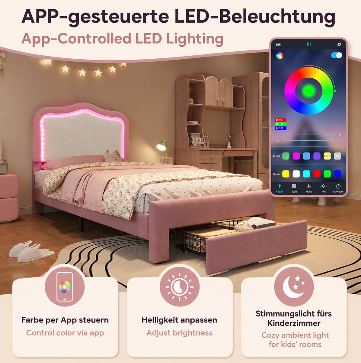 OKWISH Gestoffeerd Kinderbed 90x200 cm - Appgestuurde Ledverlichting - Bedlade Aan Voeteneind - Witte Rugleuning - Zonder Matras - Fluweel - Roze