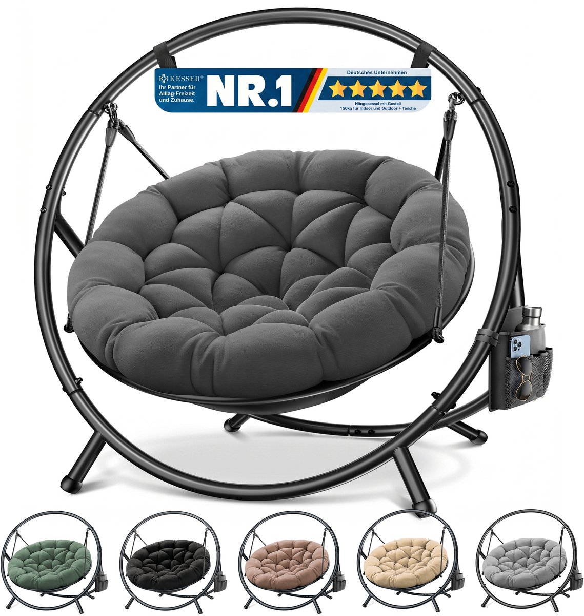 KESSER® Hangstoel BALI - met stalen standaard - tot 150 kg - inclusief kussen en zijvak - Beige